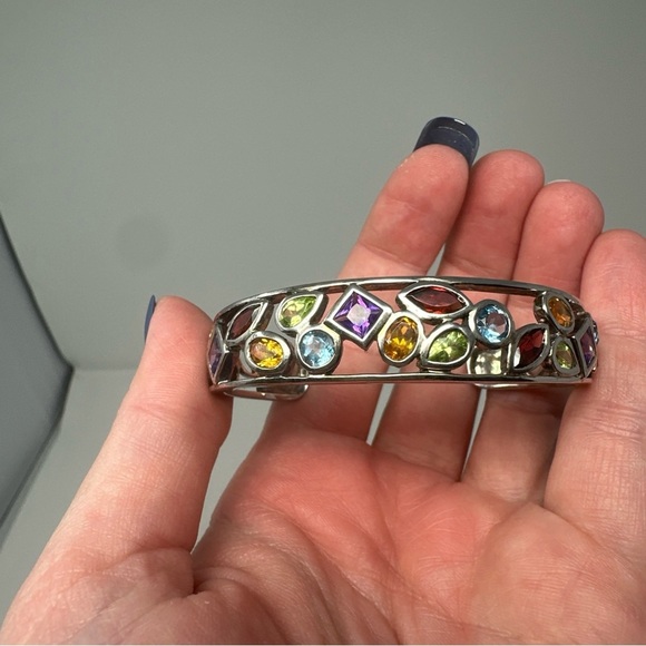 Jewelry - Rhodium Over Sterling Silver Multi-Colored Stone Cuff Bangle Bracelet 925
